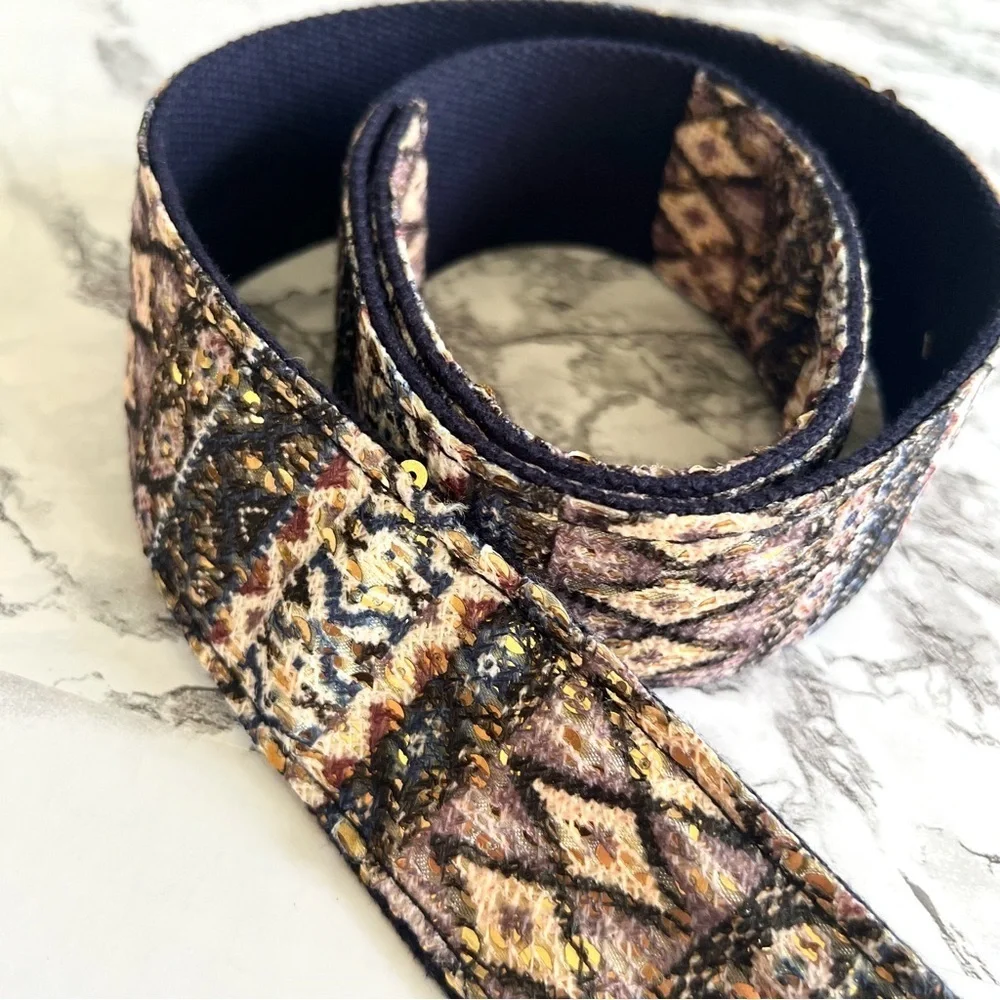 Belt Southwestern Aztec Print Fabric Gold Sequin Blue Brown M Concert Festival